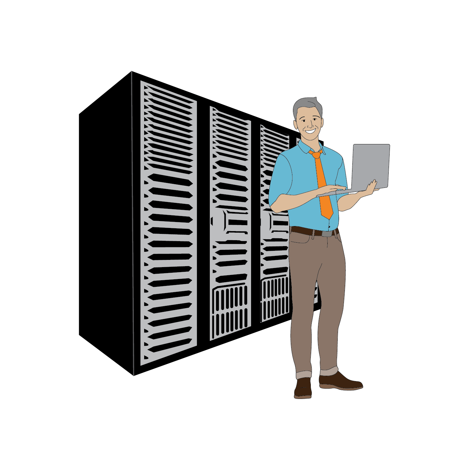 illustration of Scott Bruder in front of a server rack holding a laptop and smiling 