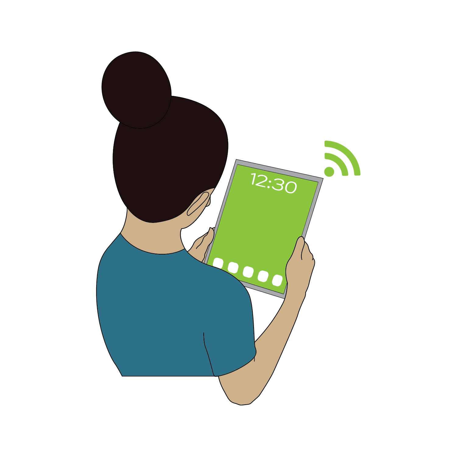 A woman holding a tablet with full bars of signal